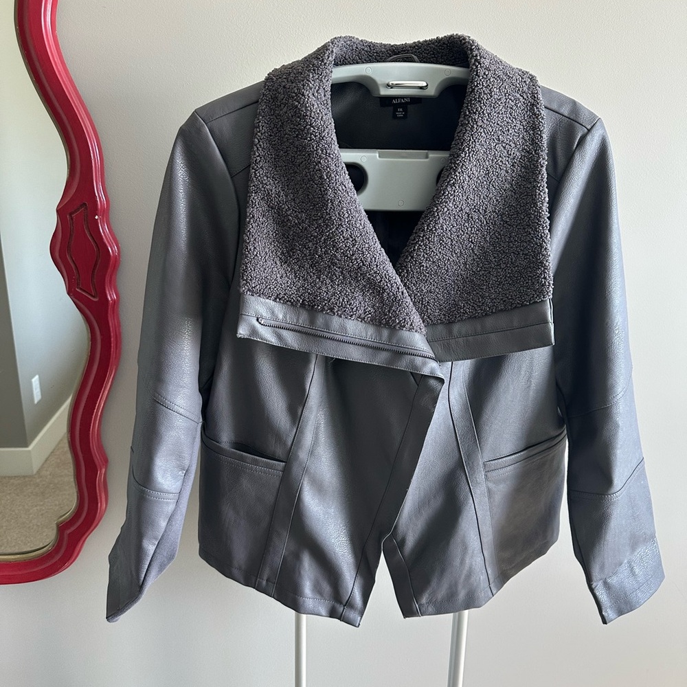 Alfani Charcoal Faux Leather Jacket with Sherpa Collar